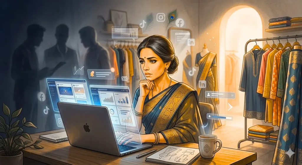a women with troubled face sitting infront of a computer and checking SEO and SMM