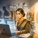 a women with troubled face sitting infront of a computer and checking SEO and SMM