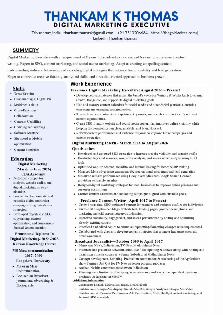 Freelance digital marketer CV
